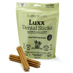 Globe Buddy Luxx Dental Sticks, tandrensende tyggestænger  insektprotein og mynte, 250 g